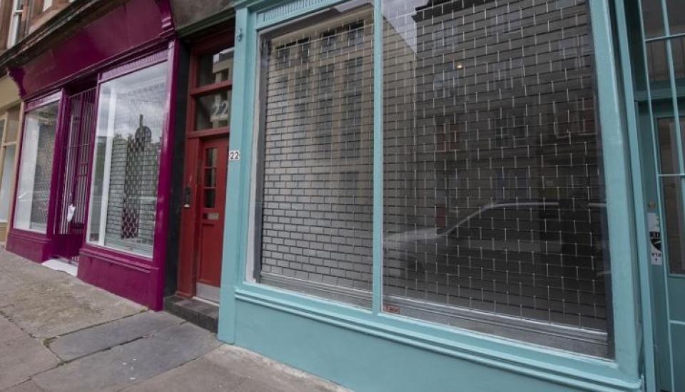 Exterior of colourful shop fronts in Glasgow City Centre