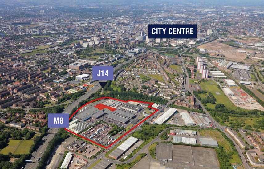 Wide aerial shot of property with text overlay to highlight local amenities